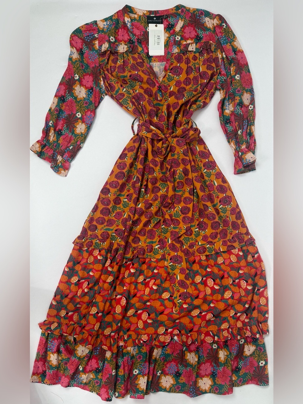 Emily Lovelock Georgette Floral Patchwork Belted Maxi Dress NWT Boho Sz 2-4 (XS) - Picture 2 of 6